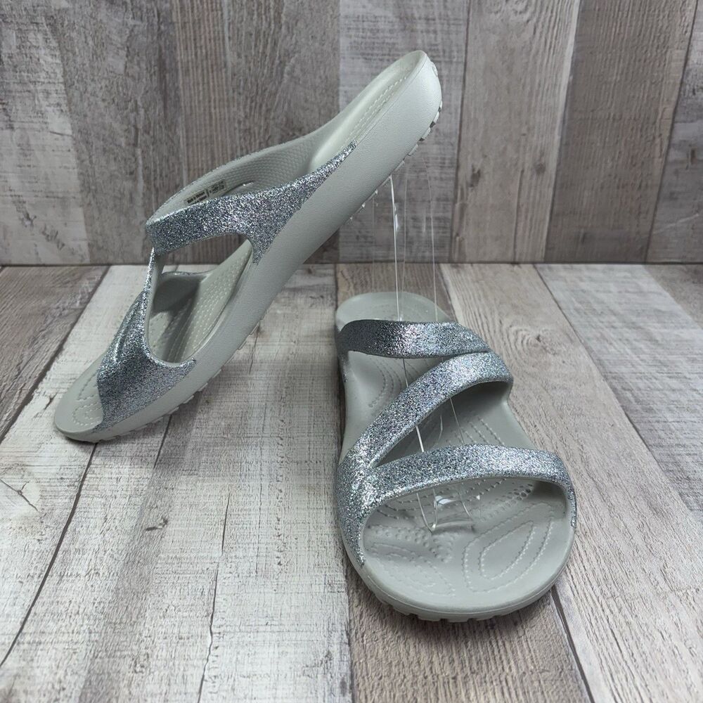 Crocs Women's 9 Kadee II Sandals Slide Strappy Comfort Waterproof Glitter Silver - Picture 2 of 11